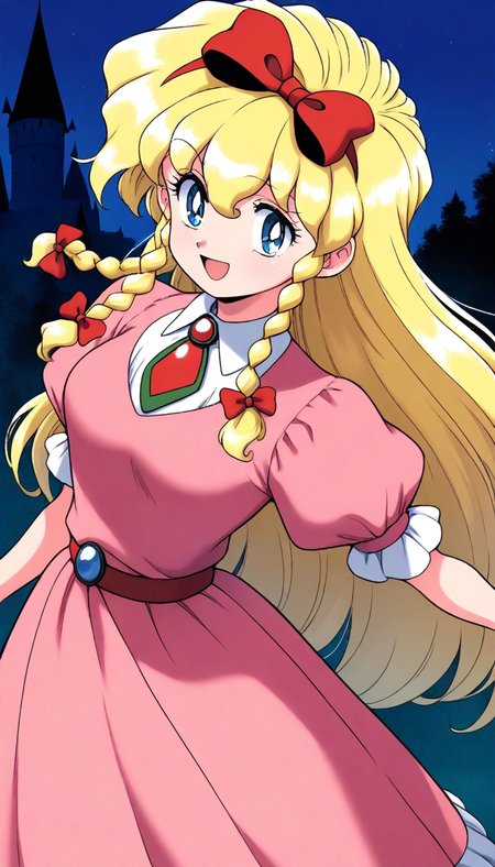 masterpiece, best quality, good quality, newest,  <lora:Maria_Renard_IS:0.8> Maria_Renard, blonde hair, very long hair, breasts, hair bow, blue eyes, red bow, hairband, twin braids, bangs, smile,
pink dress, jewelry,
 sky, night, castle,