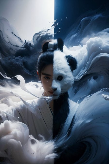 masterpiece,best quality,(photorealistic:1.4)
1panda,
wabstyle,glowing,two-tone hair,(fog,:1.2)  (mist:1.2),smoke,
cowboy shot,
cinematic angle,fisheye,motion blur,
<lora:wabstyle:0.95>,