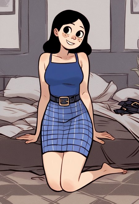score_9, score_8_up, score_7_up, score_6_up, score_5_up,  1girl, solo, full body,
(source_cartoon),
<lora:Anya Borzakovskaya (Anya's Ghost):0.95>
Anya_B, pale skin, white skin, freckles, blush stickers, black hair, long hair, dark eyes, smiling,
bare shoulders, dress, blue shirt, blue skirt, belt, plaid skirt,
detailed background, indoors,
<lora:Expressive_H:0.7> Expressiveh,
<lora:add-detail-xl:0.9>