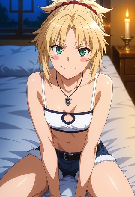 anime screencap, masterpiece, best quality,
<lora:FateApocrypha_Mordred_IlluXL:0.9>,
1girl, solo, closed mouth, skin fang, smile, blush stickers,
ponytail, parted bangs, french braid, blonde hair, red scrunchie, green eyes,
pendant, bra strap, bare shoulders, white bandeau, small breasts, crop top, clothing cutout, short shorts, fur-trimmed shorts, denim shorts, black belt,
seiza, spread legs, looking at viewer, 
indoors, on bed, night, candlelight, blurry background