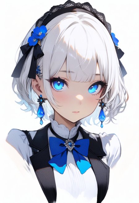 masterpiece, best quality, <lora:RECXL_ANI31_lokr_V43P1NF:0.95>  1girl, solo, flower, hair ornament, hair flower, blue eyes, hairband, jewelry, white hair, earrings, blue flower, looking at viewer, portrait, short hair, bow, closed mouth, white background, black hairband, bowtie, blue bow, simple background, blue bowtie, shirt, white shirt, cropped shoulders, blunt bangs, expressionless