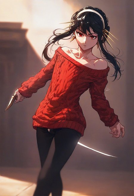 Expressiveh, mai tokiha (Oiled up), score_9, score_8_up, score_7_up, shallow depth of field, godrays, DOF, aperture, aesthetic, high quality, dramatic lighting, intricate details, 1dk, masterpiece, best quality, expressive, solo, 1 source_anime, feminize, soft body, yor briar, black hair, long hair, red eyes, flat chest, solo, jewelry, earrings, hairband, sidelocks, white hairband, doing random house chores, indoors, action pose, kitchen knife, off-shoulder sweater, red sweater dress, bulge, black leggings under sweater,