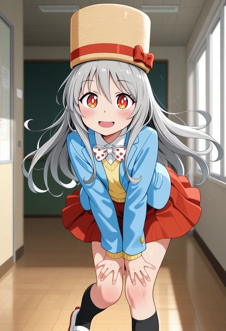 umami-chan, long hair, grey hair, red eyes, hat,
white bowtie, polka dot, blue jacket, jacket, mary janes, long sleeves, red skirt, pleated skirt, black kneehighs, white footwear, uwabaki
 <lora:umami-chan_Illustrious-XL-2.0_v1:1>, masterpiece,best quality,amazing quality, solo,1girl,, standing, (dynamic pose) , blush,
looking at viewer,cowboy shot,open mouth,light smile, 
(indoors, )