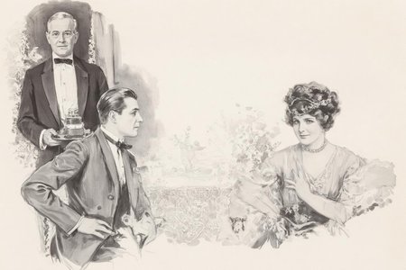 howardchandlerchristy1 illustration.
Monochrome illustration of a couple sitting at a dining table. On the left sits a man with combed back hair, shown in side profile, leaning slightly forward with his hand on the armrest. On the right sits a woman with her arm resting on the back of the seat, looking at the viewer. She wears a beaded necklace and floral headband. In the background, a middle-aged waiter in a tuxedo holds a tray with a cake. The setting is indoors with a lace-covered table and flowers.
 <lora:howardchandlerchristy1_d8a4e11:1.0><lora:865844048269684282:0>