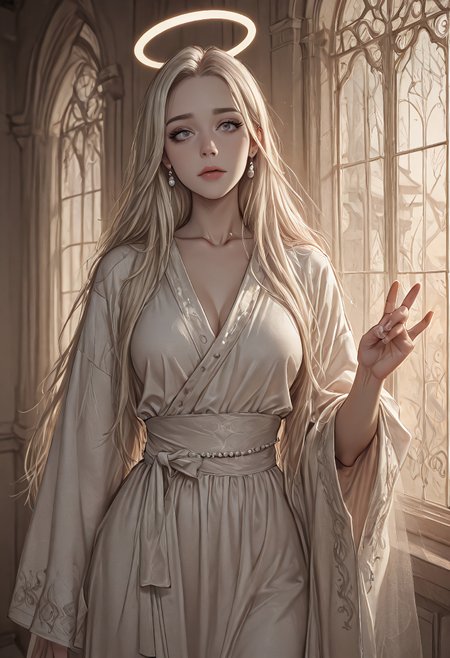 darkmode, (((best quality))), (((masterpiece))), (((amazing quality))), (((very aesthetic))), (((detailed eyes))), (((perfect eyes))), (((realistic eyes))), platinum blonde woman in a flowing silk robe, standing near a tall arched window with sheer drapes, golden hour light outlining her ethereal silhouette, smooth porcelain skin glowing softly, halo-like glow above her head, soft focus background, elegant hand gesture, pearl earrings, serene and divine mood, subtle film grain, timeless noir glamour, 58mm lens,
