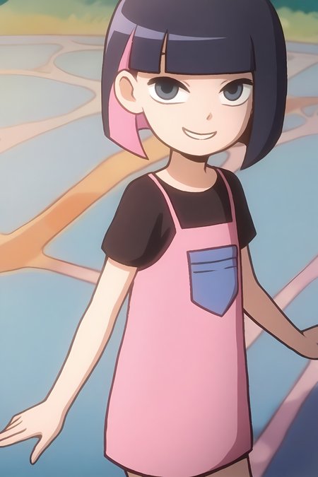 <lora:kele:1>,kele,1girl,solo,black eyes,blue eyes,short hair,two-tone hair,black hair,pink hair,colored inner hair,bob cut,blunt bangs,shirt,t-shirt,black shirt,pink shirt,short sleeves,smile,looking at viewer,, masterpiece,best quality,amazing quality,absurdres, anime screenshot, lazypos ,