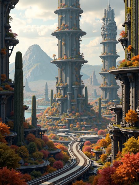 anm-frac of a high detail photo of a huge futuristic high-tech city on a foreign planet. in the center there is a gigantic cactus like structure that streches far into the sky and has glowing lights on various levels. It is a living building. The thorns are platroms. Also big gardens are edged into building. Public transport lines with trains on rails connect the city from every direction and cross the huge lake all around the city. There are huge montains in the background fractal patterns, detailed photo, Autumn Harvest: Pumpkin orange, golden yellow, and dark brown for a fall-inspired feel, cinematic candid amateur photo, cinematic film still  
 <lora:anm-frac-v1-000022:1>