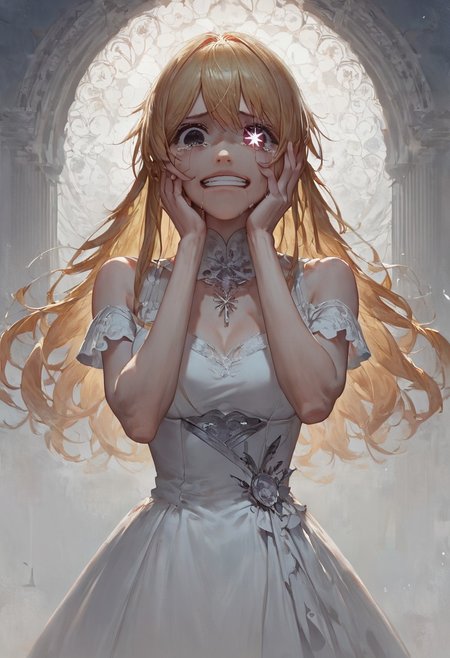 score_9, score_8_up, score_7_up, masterpiece, high resolution, concept art, cinematic lighting, hoshino ruby, blonde hair, long hair, white dress, black eyes, star-shaped pupils, traumatized, corrupted, (tears), hand on face, laughing out, looking down, fragile background, 