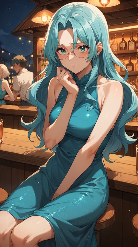 score_9,score_8_up,score_7_up,score_6_up, <lora:xl_more_art-full_v1:0.5>, source_anime, woman, dynamic pose, sitting, <lora:Eva Aensland - Pony-000004:0.8>, long hair, aqua hair, aqua eyes, round glasses, teal dress, glitter dress, bar, darkness, night, shy, sleeveless, parted bangs,