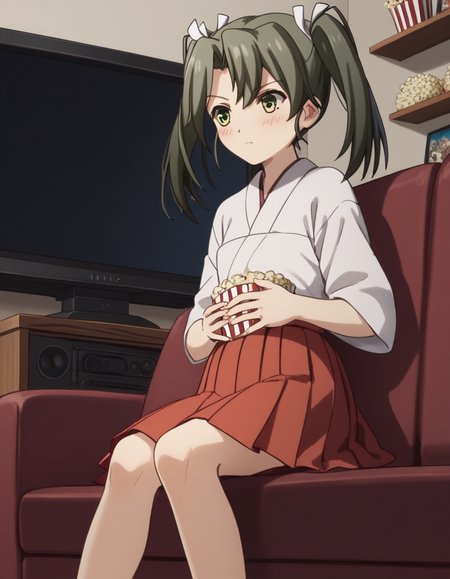 score_9, score_8_up, score_7_up, source_anime, <lora:kacolle-zuikaku-s1-ponyxl-lora-nochekaiser:1>, zuikaku, long hair, ribbon, twintails, green eyes, hair ribbon, zuikaku (kancolle), skirt, japanese clothes, muneate, red skirt, pleated skirt,, living room, television, couch, popcorn, watching movie, night time, sitting,, , , hands on stomach, blush,, solo,, cowboy shot, dutch angle