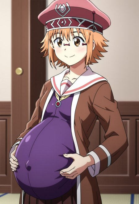 score_9, score_8, score_7,
best quality, masterpiece, 4k, perfect lighting, very aesthetic, anime, anime coloring, official art, anime screencap, absurdres,
bedroom, hands on belly, happy, smile,
 (large pregnant belly:1.1), (round belly:1.1), (pregnant bump:1.1), 
<lora:PeterGrillPhilosophersTimeV2:1>  Mitchy Peligrima, short hair, brown hair, brown eyes, glasses, orange hair, small chest, hat, school uniform, purple shirt, brown vest,
(covered belly:1.5), (pregnancy clothes:1.5)
cowboy shoot,