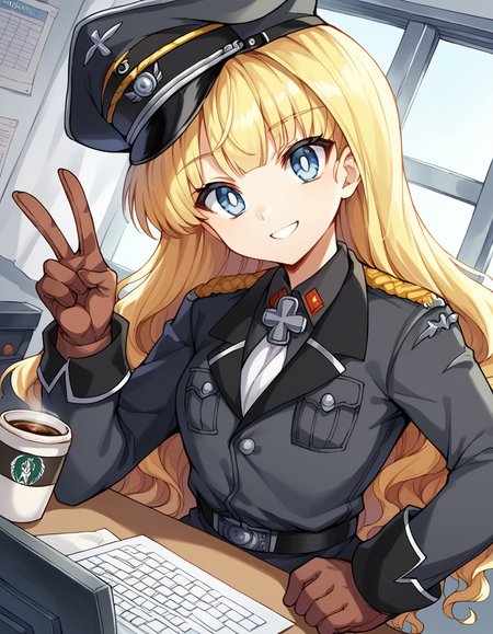 score_9, score_8_up, score_7_up, source_anime, <lora:retia-adolf-ponyxl-lora-nochekaiser:1>, retia adolf, blue eyes, blonde hair, wavy hair, bangs,, gloves, hat, military uniform, peaked cap, zettai ryouiki,, home office, working from home, computer screen, coffee cup, focus, deadline, smile, looking at viewer, v, smile, solo,, cowboy shot, dutch angle