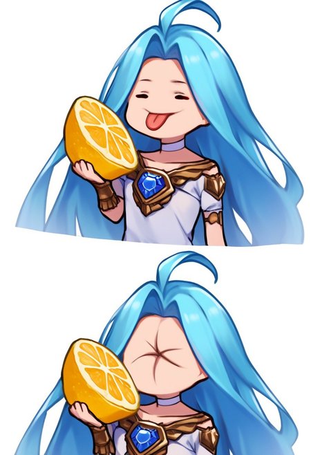 score_9, score_8_up, score_7_up, source_anime, simple background, white background, 2koma, multiple views, chibi, solo, 1girl, tongue out, holding fruit, lemon slice,  luriabase, blue hair, very long hair, lyrdefdress, choker, collarbone, gem, jewelry, ahoge,<lora:meme_thour_ponyXL:1.4>