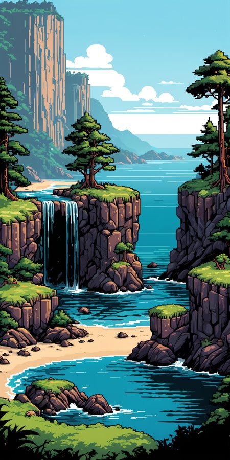 retro arcade style, a nature scenery by Dan Mumford, glossy colored lineart sketch style, natural habitat environment, absurdres, clean and harsh image, cinematic shot, minimalistic,, very starry sky fading to black top, sheer cliff close view, crystal clear water, stones, shoal, pebbly shore, distant mist, rule of thirds composition, detailed . 8-bit, pixelated, vibrant, classic video game, old school gaming, reminiscent of 80s and 90s arcade games