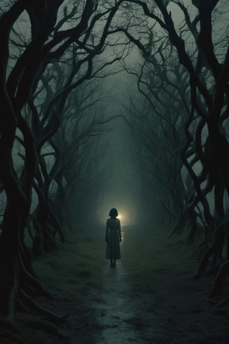 <lora:Director Park Chan-wook style:1>Director Park Chan-wook style - at the end of a tunnel made of trees we see a woman alone in a field, shot on 35 film still, volumetric lighting, night, muted color grading, dark foggy creepy, Darkness in the style of emotive decay, chiaroscuro, realistic, cinematic lighting, ROGER DEAKINS, darius khondji, shot with arri alexa lf, kowa anamorphics 135 lens, f 1.8, photoreal, 4k,