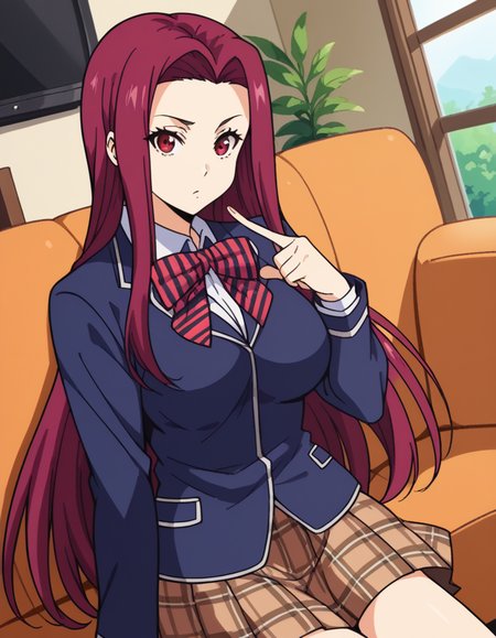 score_9, score_8_up, score_7_up, source_anime, <lora:ryouko-sakaki-s1-ponyxl-lora-nochekaiser:1>, ryouko sakaki,  long hair, red eyes, red hair, forehead, large breasts,, bow, school uniform, striped, bowtie, blazer, striped bowtie, blue blazer, brown skirt, plaid skirt, plaid,, living room, television, couch, popcorn, watching movie, night time, sitting,, , looking at viewer, hand pointing index finger, solo,, cowboy shot, dutch angle