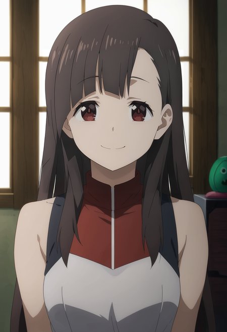 <lora:Yuiyui-Konosuba:0.8>,yuiyui,1girl,solo,long hair,brown hair,red eyes,bangs,sleeveless shirt,upper body,looking at viewer,indoors,smile