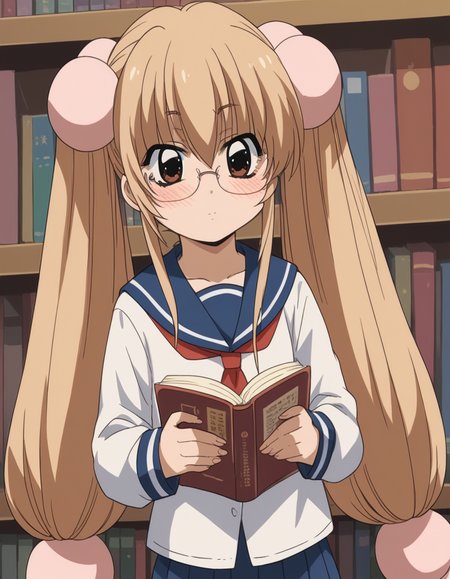 score_9, score_8_up, score_7_up, source_anime, <lora:rin-kokonoe-s1-ponyxl-lora-nochekaiser:1>, rin kokonoe, long hair, brown hair, hair ornament, twintails, brown eyes, very long hair, hair bobbles,, school uniform, serafuku, long sleeves,, library, reading books, glasses, quiet, focused, shelves of books, , hands on stomach, blush,, looking at viewer, solo,, dutch angle, cowboy shot