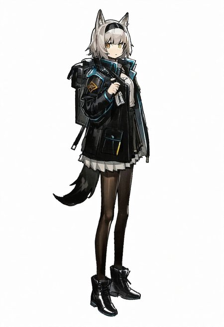 (((One girl))),white hair,wolf ears, jacket,round face
pantyhose,, black footwear, wolf tail,jacket,
Grey indoor background 
Yellow eyes
full body, from side, a hvyflamer weapon