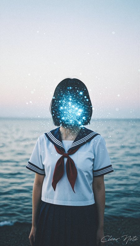 Japanese Culture Style, Emotional Photos, 35mm film, A girl in a Japanese sailor uniform stands by the seaside, her face dissolving into sparkling blue stardust. The serene ocean and soft sky contrast her ethereal transformation, evoking mystery and wonder.