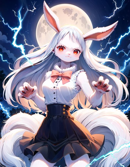 1girl, <lora:Carrot__Lora_Model_ã­ã£ã­ãã_One_Piece:0.8> Opcarrot, Carrot \(One Piece\), very long white hair, furry, night, full moon, red eyes, Sulong, white top, black skirt, pink neck bow, fur collar, claws, (Alola Ninetales \(Pokemon\):0.8), long tail, lightning, electricity, rating_safe, <lora:xl_more_art-full_v1:1>, score_9, score_8_up, score_7_up, <lora:aesthetic_anime_v1s:1>, <lora:pony_outline_lbw_5x:-0.2>, source_anime