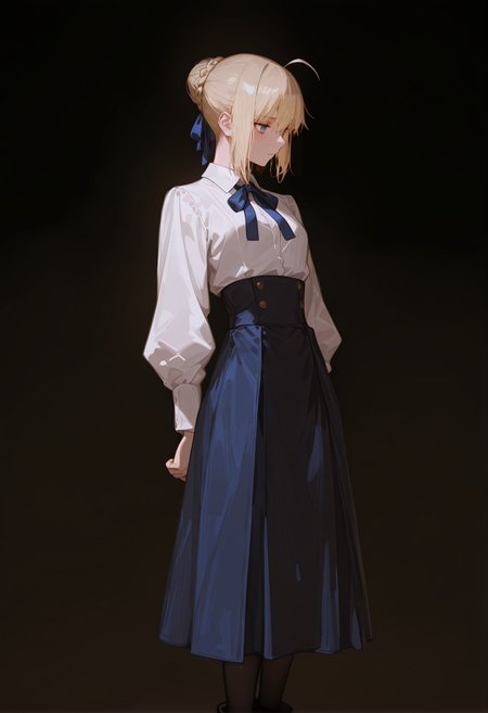 perfect quality,high quality,masterpiece,best quality,amazing quality,very aesthetic,absurdres,Cinematic Lighting,newest,
front view,full_shot,Nervous twitch,
saberCYQL,solo,1girl,blonde hair,hair bun,ahoge,bangs,hair between eyes,french braid,single hair bun,hair ribbon,blue eyes,shirt,white shirt,ribbon,blue ribbon,neck ribbon,collared shirt,long sleeves,skirt,blue skirt,high-waist skirt,pantyhose,black pantyhose,boots,
full body,standing,hand_to_mouth,,
lightcyan background,simple background,
usnr,748cmstyle,<lora:USNR STYLE_XL_loha:0.45>,<lora:DarkerThanBlackIllustrious:0.5>,<lora:spo_sdxl_10ep_4k-data_lora_webui:0.6>,<lora:illustrious_all_rated_v1:0.7>,<lora:748cmSDXL:0.8>,<lora:illustrious_quality_modifiers_masterpieces_v1:0.9>,,<lora:Saber_Illustrious by Cyql:1>,