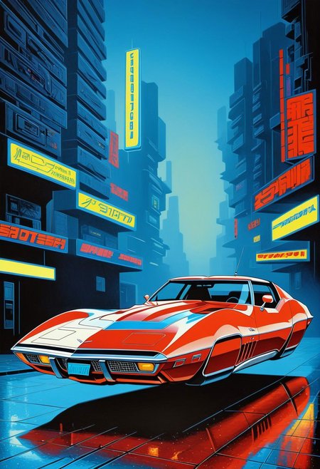 Chevrolet stingray 70s, nowheels, scifi, blade runner, masterpiece, oil painting, by hiroshi nagai