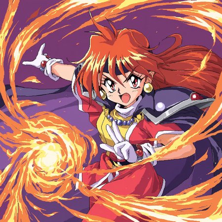 masterpiece, best quality, pixel art,pc-98,  detailed background, limited palette,  1990s \(style\), very_aesthetic, slayers, <lora:isu:0.5>,
1girl, solo,  lina inverse, open mouth, casting spell, magic,  fire, flame, jewelry, pauldrons, cape, gloves, v-shaped eyebrows, fireball,long hair, 4_fingers, thumb,