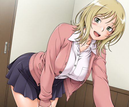 masterpiece, best quality, amazing quality, sfw, 1girl, solo, ,  looking at viewer,  shirt, cardigan, skirt, smile, open mouth,  blonde hair, medium hair, freckles, <lora:Fukudahda style ILL-v2:1> fukudahda_style