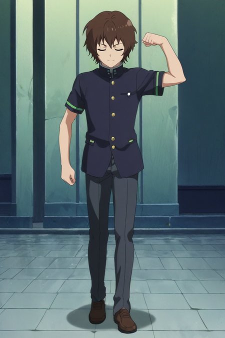 score_9, score_8_up, score_7_up, source_anime, rating_safe, intricate details, anime screencap, , official style, , , 1boy, solo, male focus, <lora:yoichi_saotome_pony:0.96>, yoichi_saotome, brown hair, green eyes, short hair, , wide angle, wide shot, full body, plaza, midnight, flexing, (closed eyes:1.2), smile, , <lora:sdxl_lightning_8step_lora:1>