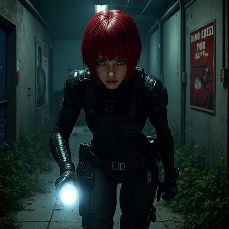 photorealistic image of Regina from Dino Crisis, short bright red bob cut hair, blue eyes, wearing a tactical black bodysuit with armor-like plating, crouched low, moving stealthily through a dark, abandoned facility, flashlight illuminating the path ahead, late night setting with minimal light, ultra-high-definition textures, cinematic composition, dark, shadowy environment, intense contrasts, intricate details in her tactical gear with utility belt and holsters, strong and agile physique, highly detailed and accurate portrayal, photorealistic rendering, stealthy and suspenseful atmosphere, there is a poster of Dino Crisis on a wall and says "DINO CRISIS FOR LIFE".



cinematic scene, cinematic lighting, intricate detail skin and facial texture, lifelike expression, accurate character design, dynamic pose, interesting and complex background details, intricate vegetation details



 














