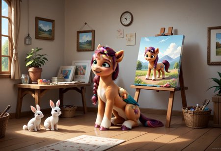 score_9, score_8_up, score_7_up, score_6_up, score_5_up, score_4_up, sunny starscout,
 earth pony, pegasus pony, g5, inside, rich colors, artist workshop, presents a painting of rabbits, aroused, front view, detailed background, pony, solo, detailed, 8k quality, side view, beautiful, teasing, easel and brushes, leaned to the floor, close up,