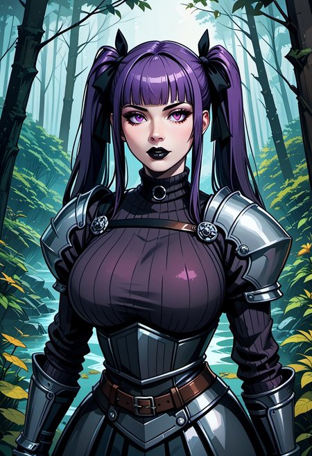 score_9, score_8_up, score_7_up, beautiful goth necromancer waifu, (curvy), long twintails hair, purple hair, bright neon purple eyes, black lipstick, pale skin, busty, huge breasts, high quality, high detail, hair ornament, black rose, blunt bangs, ribbon, black ribbon, hair ribbon, choker,  long sleeves, sweater, ribbed sweater, puffy sleeves, breastplate, ribbon, red ribbon, gauntlets, glove, brown gloves, belt, skirt, armor, outdoors, forest, nature,