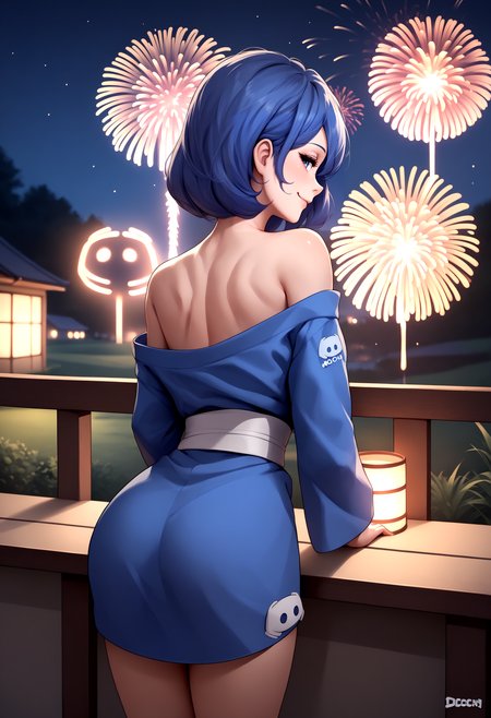 score_9, score_8_up, score_7_up, source_anime, 1girl, dcchan, <lora:DCchanXLPD:1>, blue kimono, from behind, off shoulder, night, seductive smile, long sleeves, fireworks,