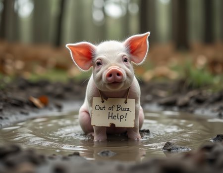 sfw, A piglet sitting in the mud pool, in the forest, a white cardboard is hangs on its neck, and the cardboard is written with mud say "Out of Buzz, Help!"âââ
