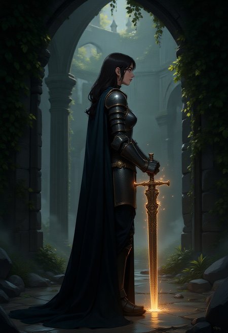 mythp0rt,Midjourney_Whisper, A female knight stands in profile, illuminated by the lambent glow emanating from her ornate, intricately detailed sword.  She wears burnished, tenebrous armor, its metallic surfaces catching the light and reflecting the surrounding crumbling stone archway. Render the scene with hyperrealistic detail, emphasizing the play of light and shadow on the knight's armor and the weapon. The background should depict the desolate grandeur of a fallen castle, overgrown vines cling to the stones. Focus on capturing a sense of melancholic solitude and stoic determination in the knight's posture. The camera angle should be a low-angle medium shot, accentuating the knight's imposing presence.