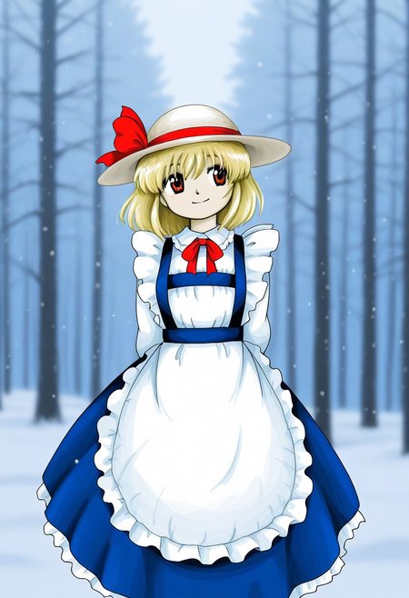 watercolor, aesthetic, colorful, jaggy lines, zun \(style\), BREAK, 1girl, solo, (Kana Anaberal), standing, smile, hands behind back, outdoors, winter forest, blurry background,