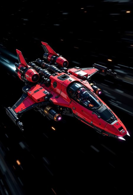 aidmafluxpro1.1, A digital artwork in the style of cknc, silhouette art, chiascuro, cyberpunk, a futuristic space fighter spaceship, red with black detailing, adorned with intricate, metallic details, illuminated cockpit, flying rapidly through a dark space background with motion blur, viewed diagonally from the front, directional lighting, silhouetted, light hitting one side,