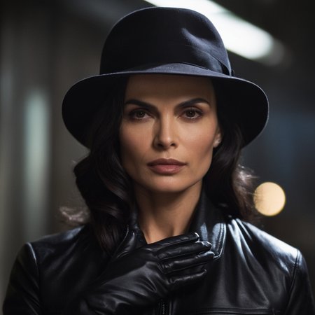 cinematic film still of  <lora:James Bond 007 style:0.9> detailed sharp image of
Xenia Onatopp Famke Janssen a woman in a leather jacket and hat,solo,looking at viewer,black hair,gloves,1boy,hat,male focus,black gloves,blurry,uniform,mole under mouth,realistic,police , dramatic light, dramatic shadow light, contrast, cinematic color, cinematic look, filmic, realistic, realism, perfection, perfect, Kodak, Kodak film, movie still, spy film, action themed, espionage, James Bond style, James Bond film style, 007 style, 007 film style, shallow depth of field, vignette, highly detailed, high budget, bokeh, cinemascope, moody, epic, gorgeous, film grain, grainy