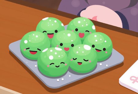 pikaole of a plate of happy green mochi balls with cute simple faces, they are giggling and smiling, some are blushing, they have powdered white sugar sprinkled on them, they are on a square porcelain plate on a wooden table in a japanese restaurant