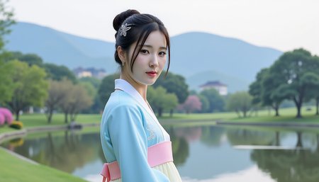 Imagine a young Asian woman dressed in the elegant attire of the Joseon era, standing in a serene and picturesque landscape. She wears a traditional hanbok, the delicate layers of fabric in shades of soft pastel blues, pinks, and creams flowing gracefully with the gentle breeze. The hanbok's jeogori (jacket) is adorned with intricate floral embroidery, symbolizing peace and prosperity, while her chima (skirt) falls in beautiful folds, creating a graceful silhouette.

Her hair is styled in a refined updo, with a simple yet elegant norigae (decorative tassel) hanging from the strings of her hairpin. A delicate silver hairpin shaped like a flower or bird rests securely in her hair, giving a subtle touch of sophistication. Her face radiates youth and grace, with gentle, almond-shaped eyes that reflect the quiet beauty of the surroundings.

She stands near a serene pond in a blooming garden, surrounded by lush greenery and the gentle mist of a distant palace range. The sky above is soft, either the light hues of dawn or the golden glow of dusk, lending a dreamy atmosphere to the scene. Her presence feels harmonious with the tranquil landscape, as if she belongs to the timeless elegance of this historical moment.