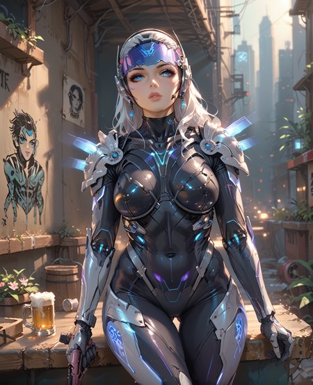 PonyScores7, source_anime, ah1, <lora:natsumi_style:0.5>, BREAK 1girl, lips, (looking up), (Bending down to touch a plant or flower, showing care and connection with nature,), (a grungy dive bar, hidden in the back alleys of the city, adorned with graffiti-covered walls, punk band posters, and dim lighting, Patrons sit on worn-out stools at the bar or in tattered booths surrounded by punk memorabilia, while bartenders with colorful mohawks serve up ice-cold beers and shots of whiskey), looking at viewer, (curvy), round-chin, caucasian, (downturned eyes:1.2), (plump face), (plump), thick thighs, wide hips, busty, voluptuous, kinky curls, lips, <lora:venus body PonyXL:0.4>,( <lora:Siren_-_Sirens_Song_COD_Mobile:0.5> SirenSongCODM, futuristic armor, glowing blue and purple lights, white hair, visor, silver metallic plating, cybernetic design, sleek futuristic gloves, sharp shoulder pads, breasts, weapon, black pattern armor, thigh gap, gun, helmet, armor, holding weapon, bodysuit, blue eyes, white plating armor), BREAK <lora:xl_more_art-full_v1:0.2>, <lora:shinyskin2:0.2> glistening skin, <lora:aesthetic_anime_v1s:0.2>, <lora:Expressive_H:0.2> Expressiveh, <lora:hairdetailpxl:0.2> hairdetailpxl, <lora:EpicF4nta5yXL:0.2>, <lora:detailxl:0.2> detailxl, <lora:Fant5yP0ny:0.2>, best quality, amazing quality, best aesthetic, absurdres, <lora:expressive eyes:0.2> expressive eyes, <lora:eyedetailpxl:0.2> eyedetailpxl, illustration, Volumetric_Lighting, ultra-detailed, very aesthetic, intricate details, 8k, masterpiece, best_quality, BREAK (telephoto shot), BREAK <lora:Eyes_High_Definition:0.3> EyesHD, Stable_Yogis_PDXL_Positives, AS-Adult, <lora:Complicated fantasy portrait - XL Pony V2.0:0.4>, bad-hands-5,