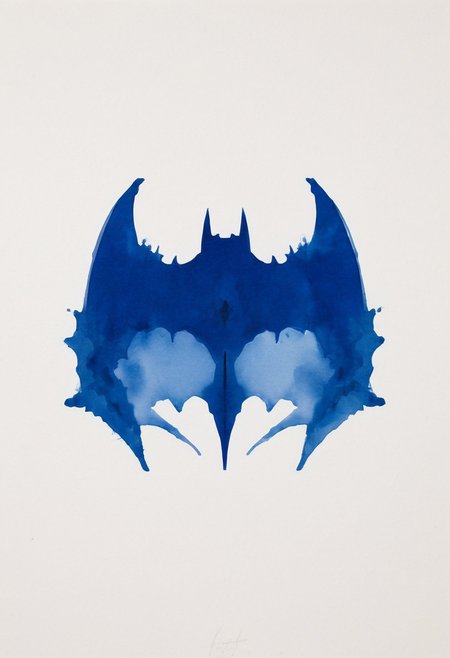 A rorschach-test resembling batmans Mask, symmetrical, dark-Blue and Grey ink,