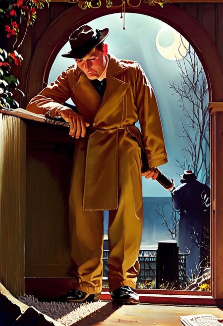 score_9, score_8_up, score_7_up, norman rockwell style, painting study by Norman Rockwell, 1950s style, 1930 clothing style, noir, high detail, cinematic lighting, retro aesthetic, illustration, 
BREAK 2boys, detectives, young, old, suits, trench coats, hats,
BREAK 1boy, 30 years old, holding gun, Rust Cohle ,
BREAK 1boy, old, holding whiskey bottle, Rust Cohle, 
BREAK full body shot, in a forest, moon in sky, moonlight beams going through the window,
BREAK detailed, different,( unique:0.9), cinematic, dramatic, concept art, filmic, detailed background, detailed settings, Eerie, unsettling, dark, spooky, suspenseful, grim, highly detailed
BREAK 1950s clothing style, illustration, norman rockwell style, easynegative, Expressiveh, pinup, carcosa city style, true detective style
