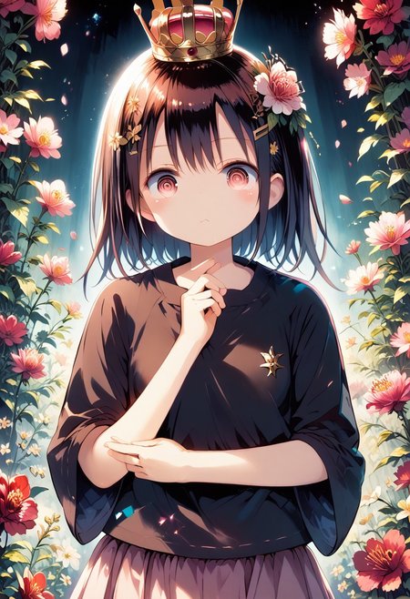 score_9, score_8_up, score_7_up, 1girl,FujisakaLP,high definition eyes, (masterpiece), (best quality), (ultra detailed),(disheveled hair),(illustration), (best shadow), detail1eye, 1girl, 8K animation, detailed fingers, precise fingers, not unnatural hands, illustration, 1 girl, solo, pink bob cut, gold crown, flower hair ornament, sagging eyes, red mini skirt, YUI