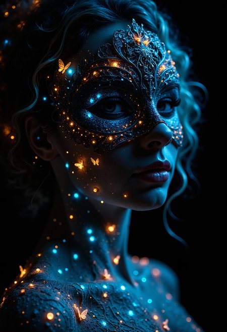 Close-up of a woman's face, focusing on her right side, wearing an ornate, intricate masquerade mask that covers her eyes and upper nose. The mask is detailed with lace-like patterns, embedded with small glowing lights and tiny luminescent butterflies, primarily in blue and orange hues. The mask has an elaborate design that merges seamlessly with her skin, which is illuminated with bioluminescent patterns glowing in shades of blue and orange, covering her neck, shoulders, and chest. Her lips are slightly parted, showing a natural yet deep shade, and her skin has a smooth, porcelain-like texture. Her hair is curly, slightly visible around the mask, and has a soft, silver-blonde color that subtly reflects the glowing lights. The image is highly detailed, with a focus on textures and light, creating a surreal, ethereal atmosphere. The background is dark, making the glowing elements on her face and body stand out, enhancing the mysterious and mystical mood.  <lora:flux_vividizer:0.8> <lora:aidmaImageUpgrader-FLUX-V0.1:0.33> detailmaximizer,
