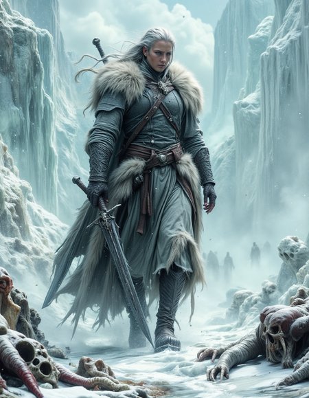 The Frostbound Valkyrie of the Ice Wastes A fearsome warrior, her long silver hair frozen with frost, strides across a battlefield of shattered ice, her fur-lined armor streaked with dried blood from an eternal war. A massive, rune-inscribed greatsword, chipped but unbroken, rests upon her shoulder as she surveys the battlefield littered with the remains of fallen warriors. Her scarred face, hardened by countless battles, carries the weight of duty and the burden of choosing which souls are worthy of Valhalla. The wind howls through the jagged ice cliffs, carrying the distant sound of war horns echoing from beyond the frozen peaks. Snow flurries whip around her, yet she stands firm, unyielding against the storm. The atmosphere is cold, brutal, and legendary, capturing the moment before she charges into battle once more.
<lora:dark-fantasy-flux:1>