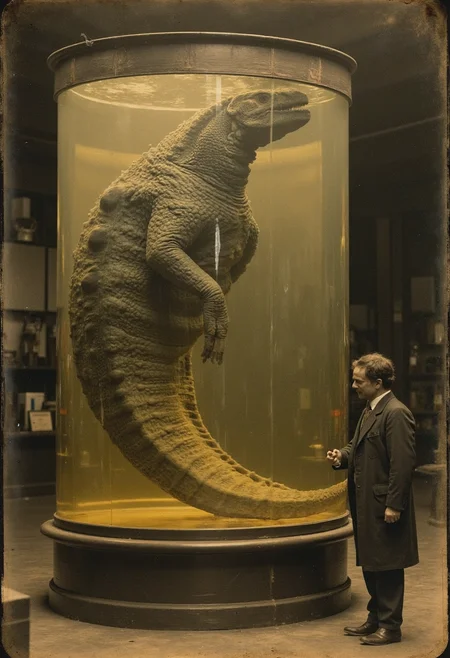 antique photograph of wet sample of a giant loch ness monster floating in a giant cylindrical glass vat with yellowish liquid. A scientist in a labcoat is standing before it, looking very small in comparison. Very decomposed, flaky grey skin. Very detailed, creepy atmosphere, dim light in an 1900 warehouse, analogue film grain, sepia tint, vignettes <lora:wet_sample-000129:1>