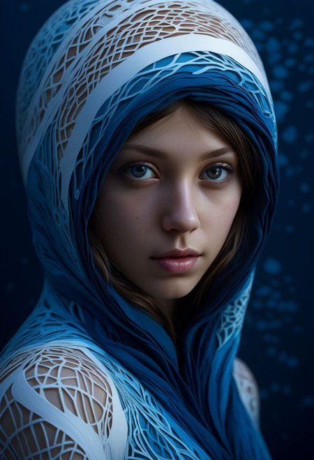 mysterious face, an exotic girl in artsy clothing, fading backlit background, (deep sea fading white to deep blue layered papercut background), alluring goddess, by Minjae Lee, Carne Griffiths, Emily Kell, Steve McCurry, Geoffroy Thoorens, Aaron Horkey, Jordan Grimmer, Greg Rutkowski, amazing depth, double exposure, surreal, geometric patterns, intricately detailed, bokeh,  perfect balanced, deep fine borders, artistic photorealism , smooth,  great masterwork by Suiras  <lora:add-detail-xl:2>  <lora:Double_Exposure:0.5>