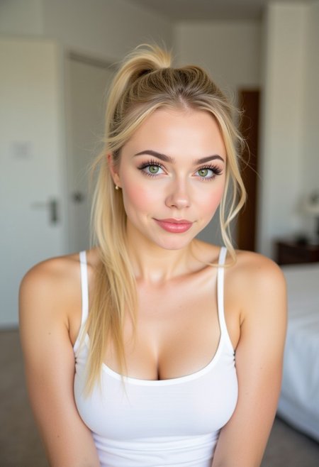 A cute blonde woman, 18 years old, bright green eyes, moist pink lips, ponytail, full body, medium perky breasts, wearing tight white tanktop, flirty